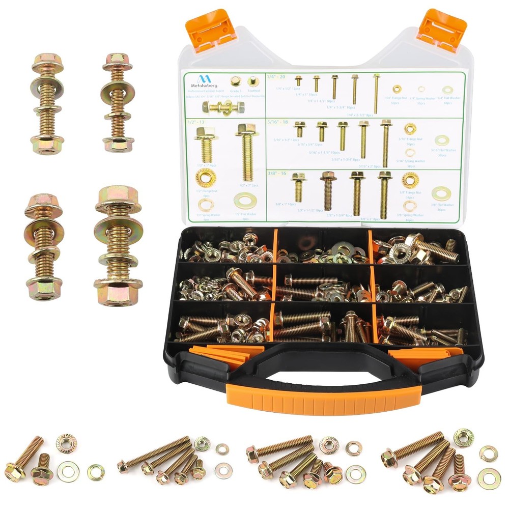 568pcs SAE 1/4&Prime; 5/16&Prime; 3/8&Prime; 1/2&Prime; Flange serrate Bolt and nut,Spring and Flat W&hellip;