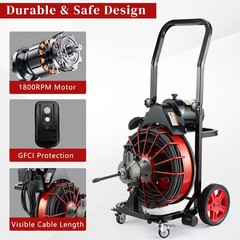 100ft Sewer Snake Machine with GFCI, 1800RPM, 4 Cutters &ndash; for 1&Prime;-4&Prime; Pipes Red