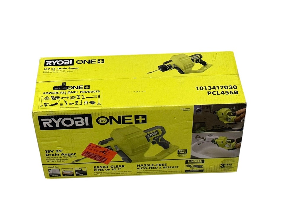Ryobi PCL456B 18V ONE+ 25&prime; Drain Auger GreenBlack Cordless Lightweight TOOL ONLY