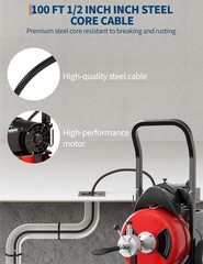 Electric Drain Auger 100ftx1/2in, 370W Portable Sewer Cleaning Machine on Wheels