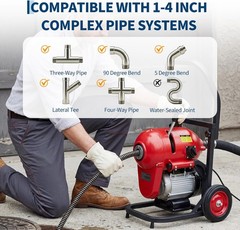 120 ft x 6/5 in Electric Drain Cleaner Machine with Auto Feed & 6 Cutters 1100W