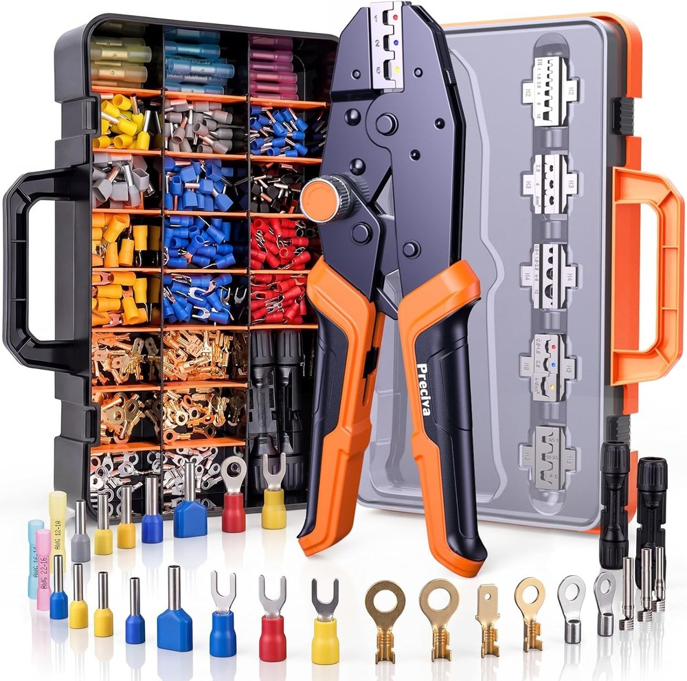 Crimping Tool Kit with 6 Interchangeable Jaws, Adjustable Ratchet Crimper with P