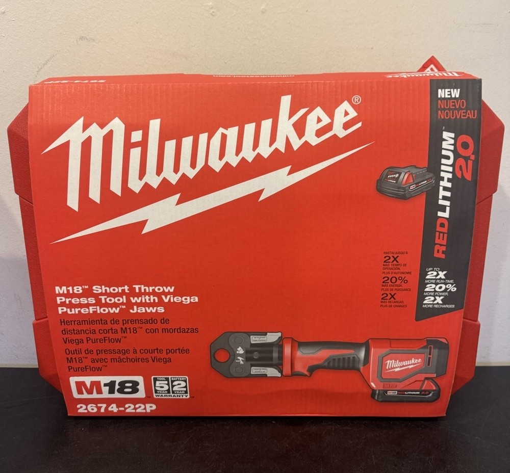 New Milwaukee 2674-22P M18 Short Throw Press Tool Kit Viega PureFlow Jaws