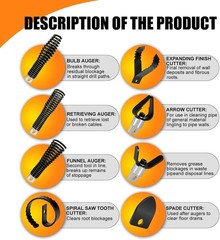 8-Piece Drain Snake Drill Attachment, Cutter and Auger Set, Compatible with 50FT