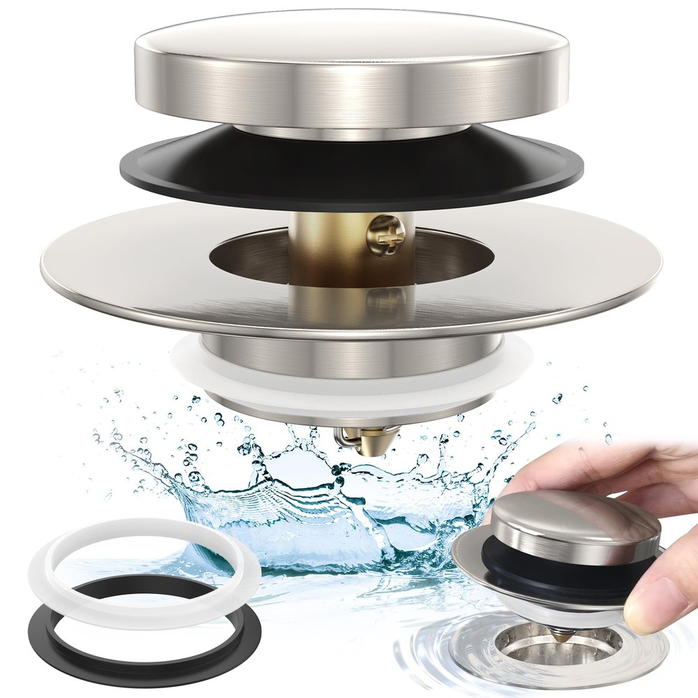 Brushed Nickel Universal Tip Toe Tub Stopper, Pop Up Bathtub