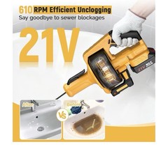 Electric Drain Auger,21V Cordless Drain Snake,25Ft Auto-Feed Snake Drain