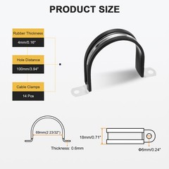 14Pcs 69mm(2-23/32&Prime;) Stainless Steel Rubber 2 Hole U-Tube Strap Clamp, Black