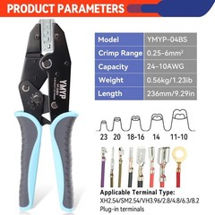Ratcheting Wire Crimper for JST Molex TE Connectors &ndash; 24-10 AWG (0.25-6mm&sup2;)