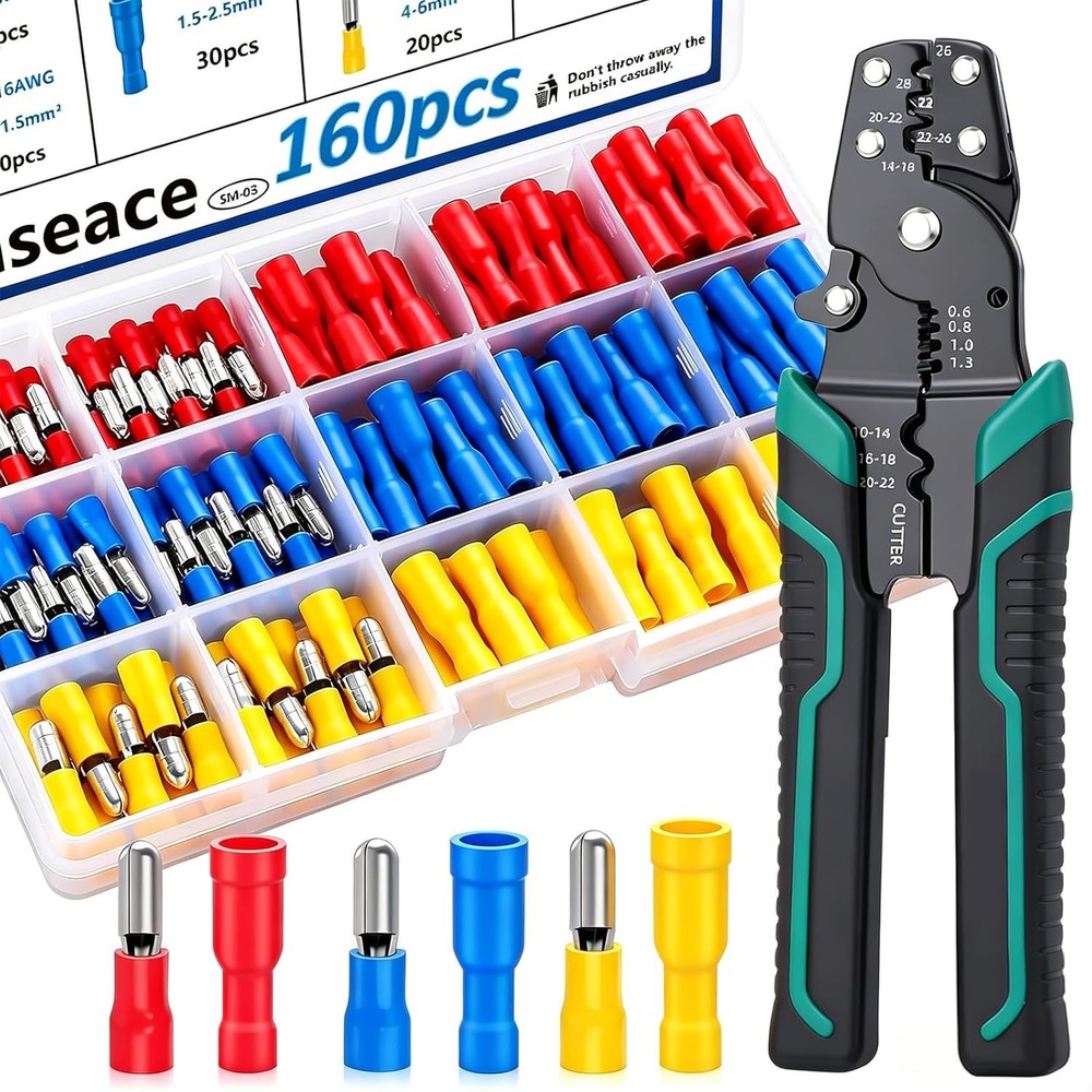 160PCS Bullet Wire Connectors with Crimping Tool Assortment Kit 22-16/16-14/12-1