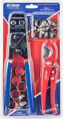 All-in-One Ratchet PEX Cinch Tool with Pipe Cutter and 30 Stainless Steel Clamps