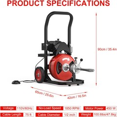 75 FT x 1/2 In Drain Cleaner Machine Electric Drain Auger Auto Feed Sewer Snake