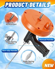 25Ft Snake Drain Hair Removal Tool Drill Powered and Manual Drain Cleaner Tool