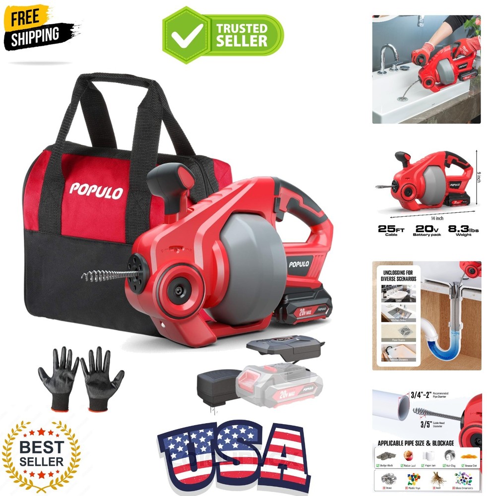 20V Cordless Electric Drain Auger-Efficient 25Ft Auto-Feed Drain Snake with R&hellip;