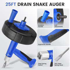Drain Auger, Plumbing Snake with Drill Adapter, 25FT Flexible Steel Drain Clog R