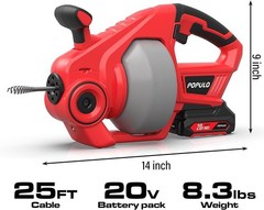 20V Cordless Electric Drain Auger &ndash; 25ft Auto-Feed Snake with Battery & Tools