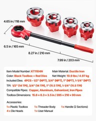 VEVOR Ratchet Pipe Threader Kit Pipes Threader with 1/2&Prime; 3/4&Prime; 1&Prime; 1-1/4&Prime; NPT Dies