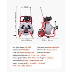 Uimoso Drain Cleaning Machine 100FT x1/2 Inch with Auto Feed, Wheels & 8 Cutters