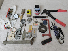 Lot of Plumbing Tools, Supplies, scrapers, Solder, Flaring &ndash; Husky, HDX, Arrow