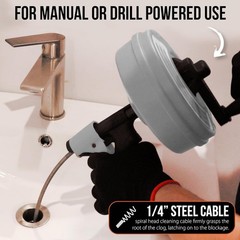 50m Drain Auger Manual or Drill Powered Plumbing Snake with Gloves Bag Included