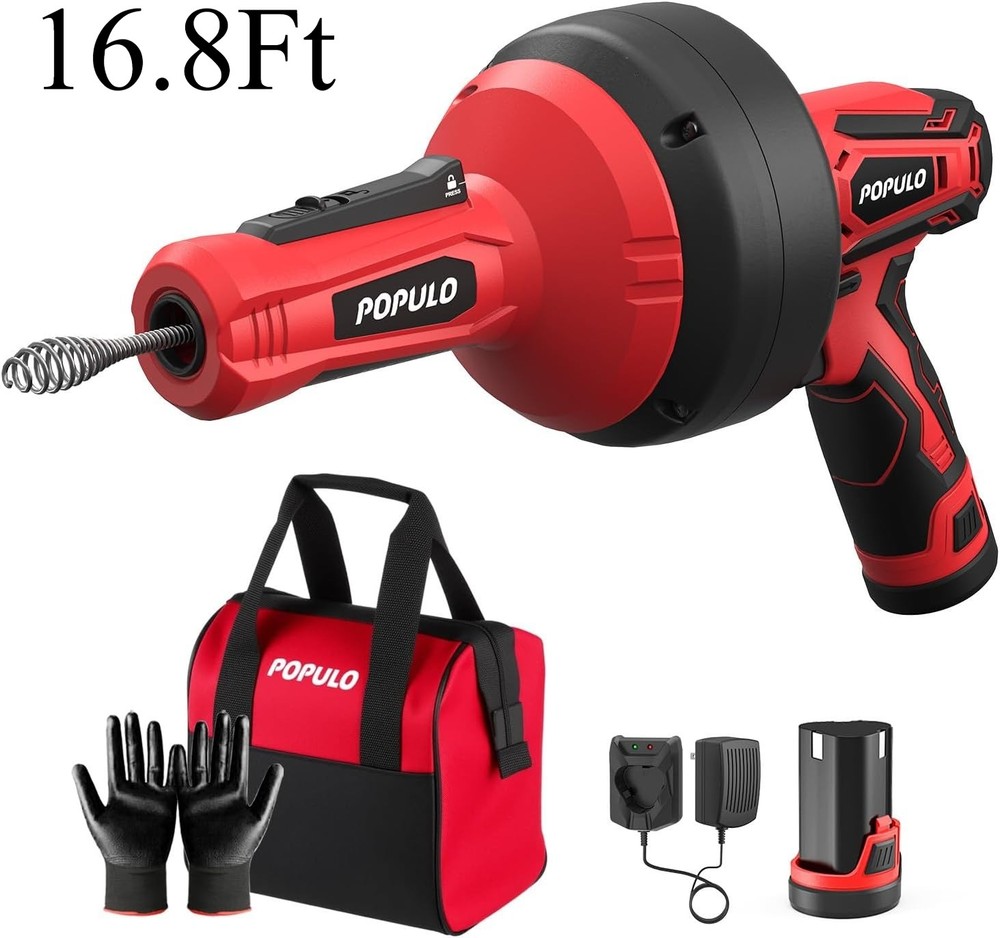 POPULO 12V Cordless Electric Drain Auger, Auto Feed Plumbing Snake Drain