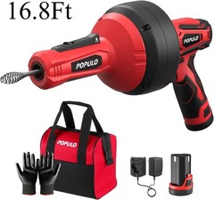 POPULO 12V Cordless Electric Drain Auger, Auto Feed Plumbing Snake Drain