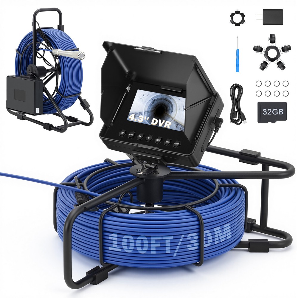 4.3&Prime; 30M Sewer Pipe Inspection Camera 23MM Drain Pipeline Meter Counter 32GB HD