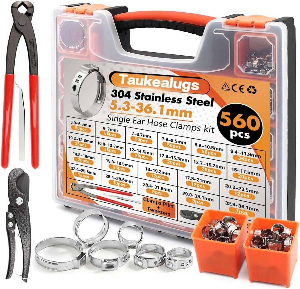 560PCS 22-Sizes Stepless Single Ear Hose Clamp Kit with Pliers & Cutter, 5.3-36.