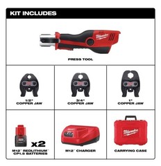 Milwaukee 2473-22 M12 Force Logic 5400 lbs Press Tool Kit, 1/2&Prime; &ndash; 1&Prime; Jaw