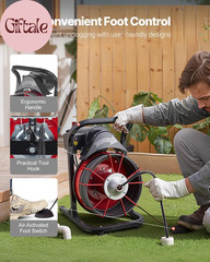 Drain Cleaner Machine 75 FT X 1/2 Inch, Sewer Snake Auger Manual Feed with 4 Cut