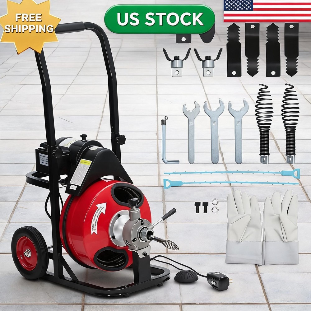 100 ft x 1/2 in Drain Cleaner Machine 250W Portable Sewer Snake Auger Feed Auto