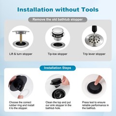 Hibbent 3 in 1 Metal Bathtub Drain Stopper, Universal Pop Up Tub Matte Black