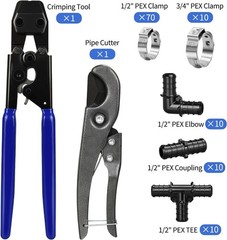 Pex Crimping Clamp Cinch Tool + Pipe Cutter with 1/2&Prime;, 3/4&Prime; Hose Fitting Clamps