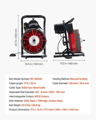 VEVOR Drain Cleaner Machine Drain Auger 75FT x 3/8 Inch Manual Feed & 4 Cutters