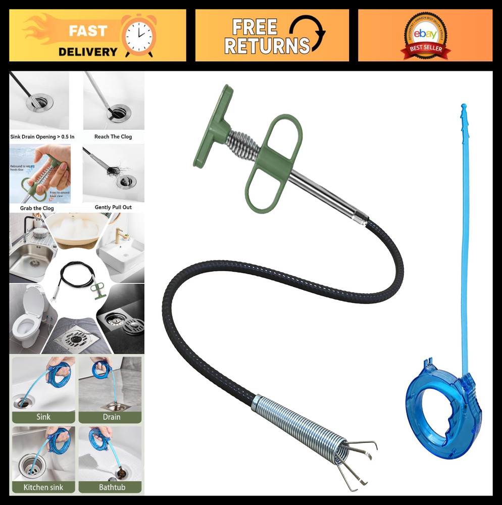 2-in-1 Flexible Drain Cleaning Tool Kit, 35&Prime; Plumbing Snake & 4-Claw Grabber