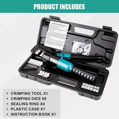 6-Ton Hydraulic Crimping Tool with 9 Pairs of Dies, 12 AWG to 2/0 Cyan, Black