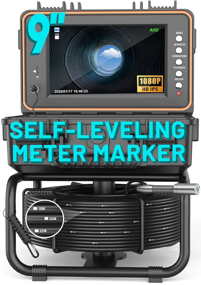 100Ft Self-Leveling Sewer Camera with HD Screen & 12 LED Lights, DVR Included