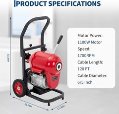 120 ft x 6/5 in Electric Drain Cleaner Machine with Auto Feed & 6 Cutters 1100W