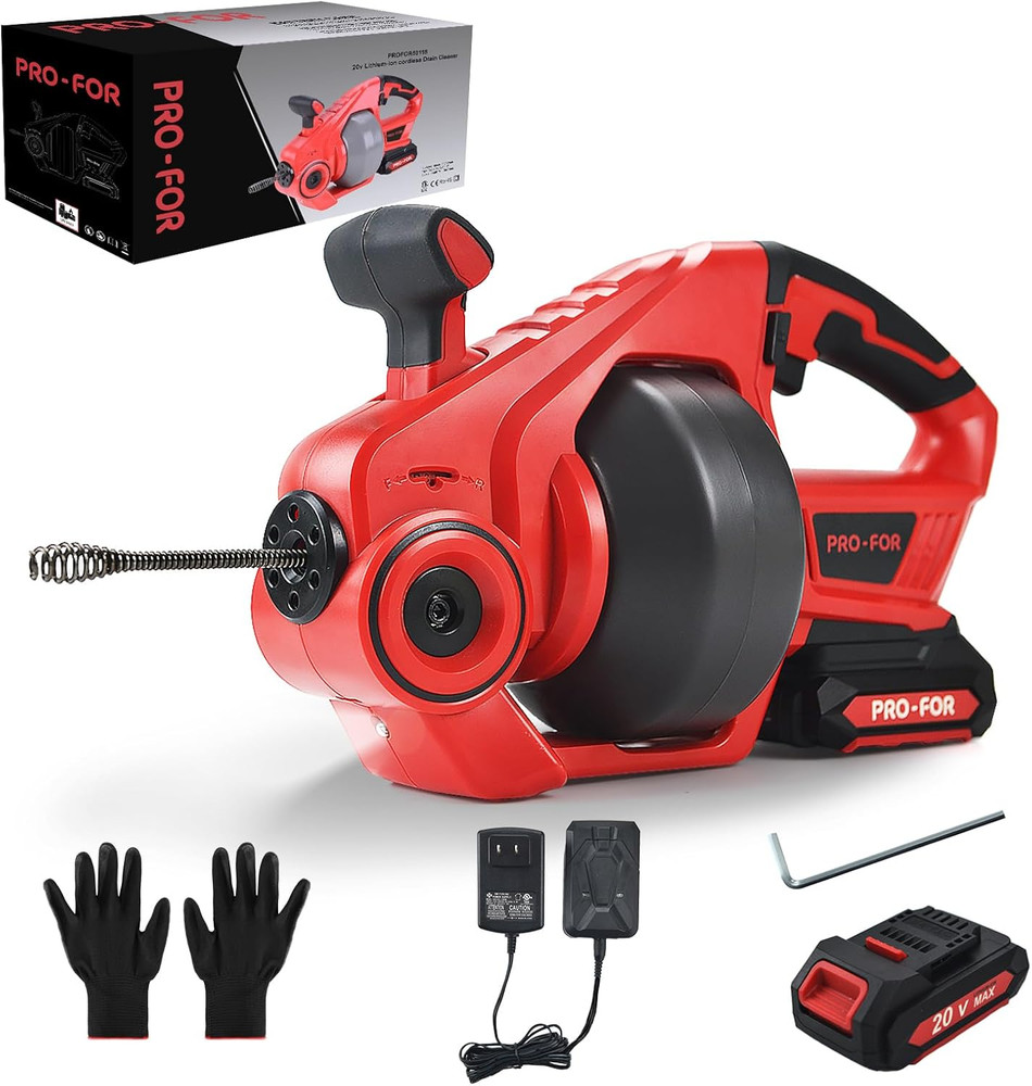 20V Cordless Drain Auger with 25ft Cable, Battery & LED Light for Clogs