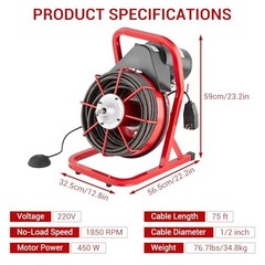 75FT x 1/2 Inch Drain Cleaner Machine, Drain Auger Manual Feed, 370W Electric