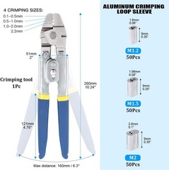 Up to 2.2mm Wire Rope Crimping Tool with 150Pcs 3 Size Aluminum Double Barrel Fe