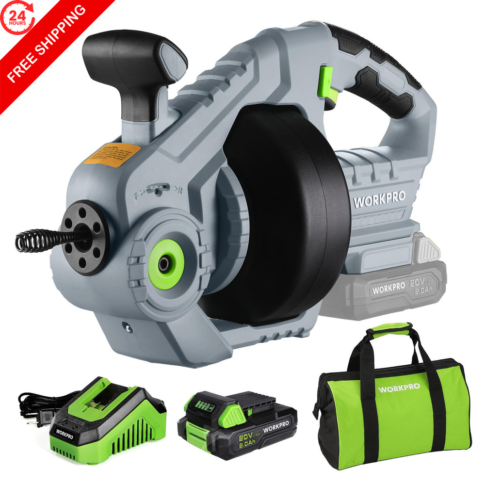 WORKPRO 20V Electric Drain Auger, 25Ft Plumbing Snake Hair Removal Gray