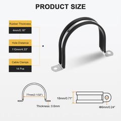 14Pcs 77mm(3-1/32&Prime;) Stainless Steel Rubber 2 Hole U-Tube Strap Clamp, Black