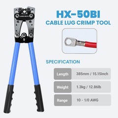 Heavy Duty Cable Crimper Tool for AWG 10-1/0, Includes 60 Copper Wire Lugs