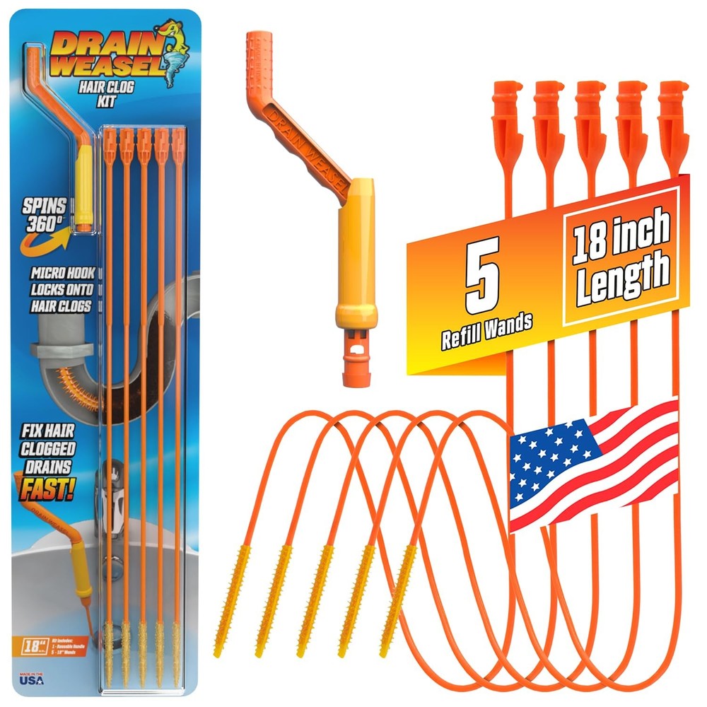 FlexiSnake Drain Weasel Sink Snake Handle + 5 Refill Wands, Orange/Yellow