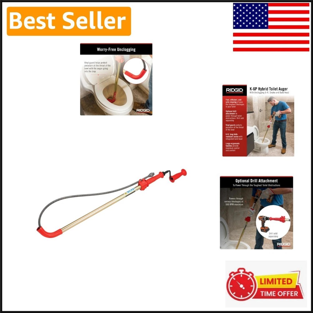 Power Drill Compatible 6 ft Closet Auger &ndash; Safe & Lightweight Clog Remover
