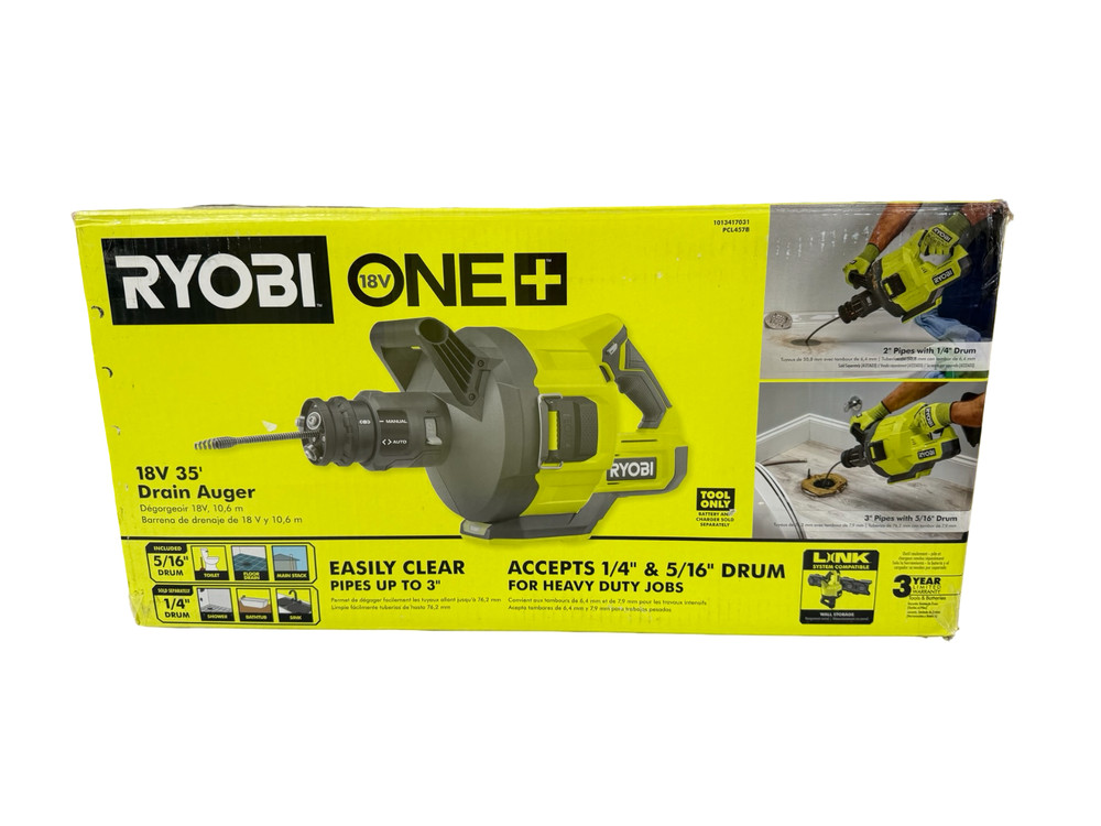 Ryobi PCL457B Cordless Drain Auger with 35 ft Cable Auto Feed TOOL ONLY M80