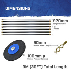 FAIDRSET12 9M Drain Rod Set &ndash; 10 Rods, Plunger & Worm with Brass Connectors