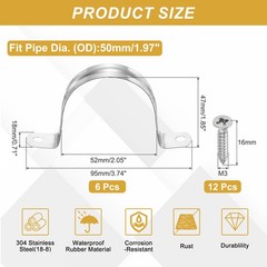 6Pcs 50mm(2&Prime;)304 Stainless Steel Rigid Pipe Strap with Screws, Silver