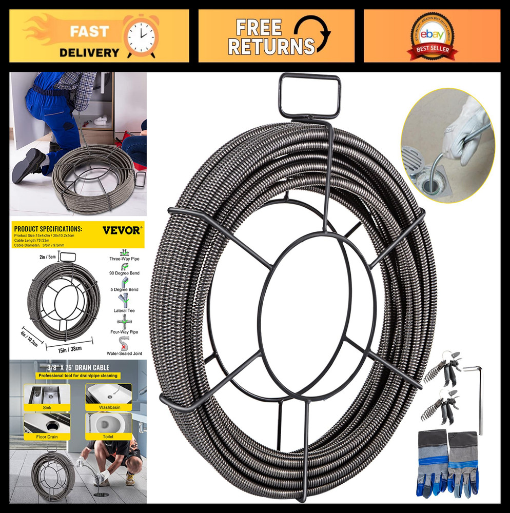 75ft Drain Cleaning Cable 3/8&Prime; Solid Core Sewer Auger Snake with 4 Cutters
