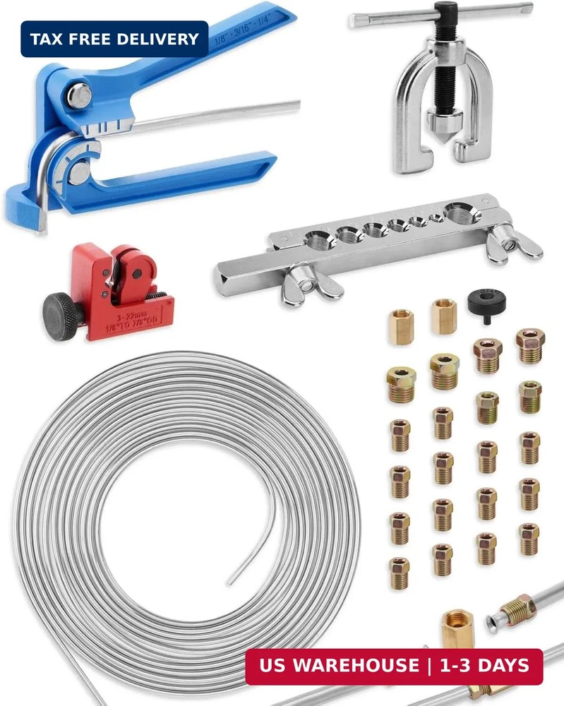 25 ft 3/16in Zinc-Plated Brake Line Flaring Tool Kit, Includes 3-in-1 Tube Bende